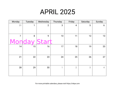 Free Printable Simple April 2025 Calendar (Monday Start)