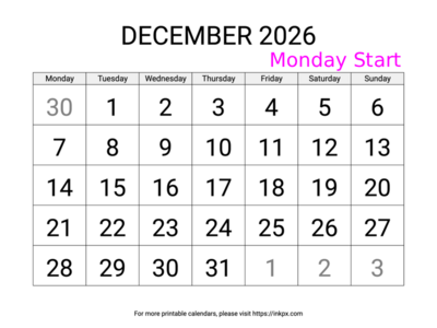 Free Printable Large December 2026 Calendar (Monday Start)