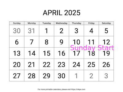 Free Printable Large April 2025 Calendar (Sunday Start)