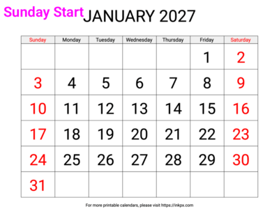 Free Printable Large Weekend Highlighted January 2027 Calendar (Sunday Start)