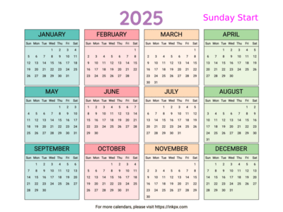 Free Printable Colorful Table 2025 Yearly Calendar (Landscape, Sunday Start)