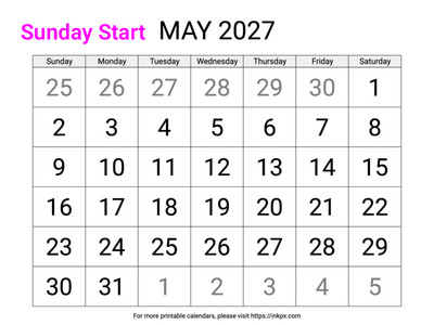 Free Printable Large Font May 2027 Calendar (Sunday Start)