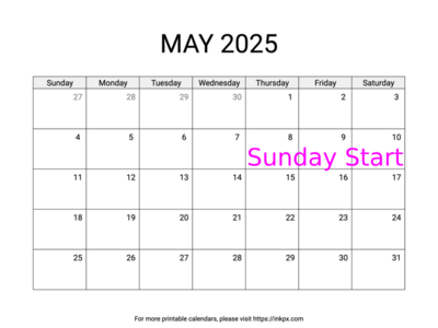 Free Printable Simple May 2025 Calendar (Sunday Start)