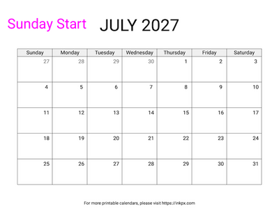 Free Printable Simple July 2027 Calendar (Sunday Start)