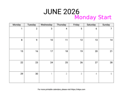 Free Printable Simple June 2026 Calendar (Monday Start)
