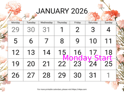 Free Printable Carnation Large Font January 2026 Calendar (Monday Start)