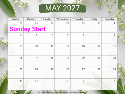Free Printable Lily of the Valley Background May 2027 Calendar (Sunday Start)