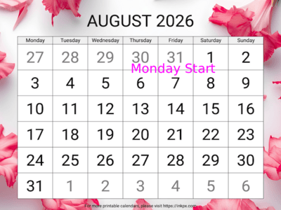 Free Printable Large Gladiolus Background August 2026 Calendar (Monday Start)