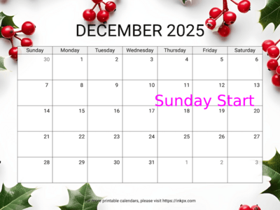 Free Printable Holly Background December 2025 Calendar (Sunday Start)