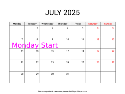 Free Printable Weekend Highlighted July 2025 Calendar (Monday Start)