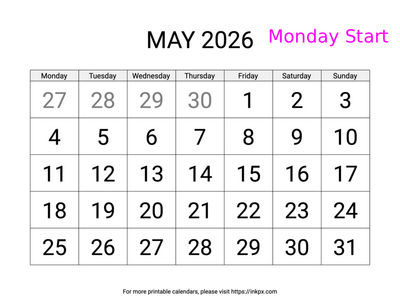 Free Printable Large May 2026 Calendar (Monday Start)