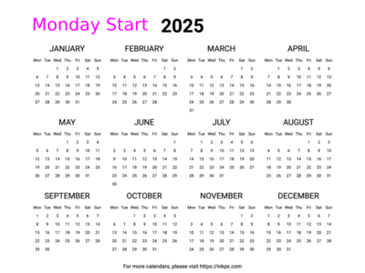 Free Printable Minimalist 2025 Yearly Calendar(Landscape, Monday Start)