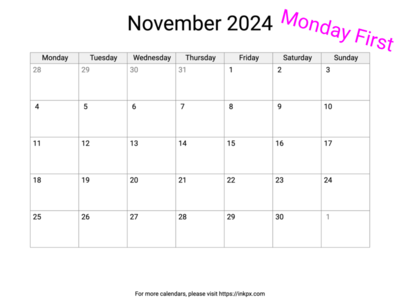 Printable Blank November 2024 Calendar (Monday First)