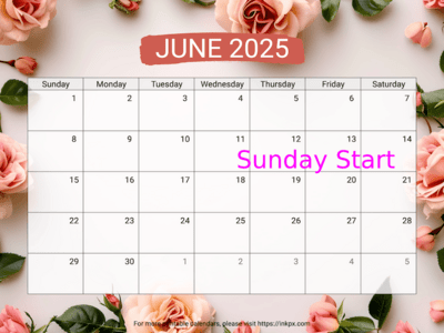 Free Printable Rose Background June 2025 Calendar (Sunday Start)