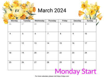 Printable Daffodil March 2024 Calendar (Monday First)