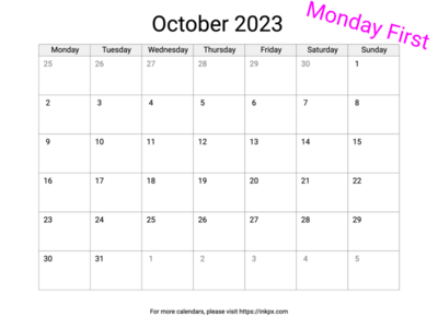 Printable Blank October 2023 Calendar (Monday Frist)