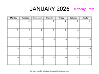 Free Printable Simple January 2026 Calendar (Monday Start)