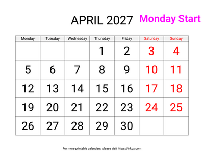 Free Printable Large Weekend Highlighted April 2027 Calendar (Monday Start)