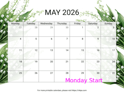 Free Printable Lily of the Valley May 2026 Calendar (Monday Start)