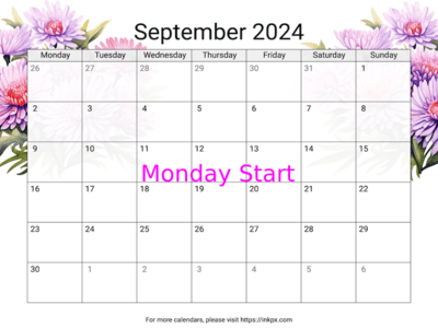 Printable Aster September 2024 Calendar (Monday First)