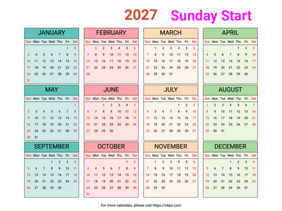Free Printable Weekend Highlight Colorful 2027 Calendar (Landscape, Sunday First)