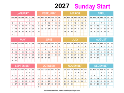 Free Printable Minimalist Colorful Table 2027 Calendar (Landscape, Sunday Start)