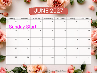 Free Printable Rose Background June 2027 Calendar (Sunday Start)