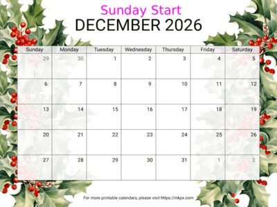 Free Printable Holly December 2026 Calendar (Sunday Start)