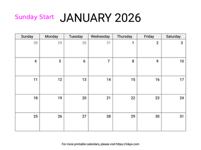 Free Printable Simple January 2026 Calendar (Sunday Start)