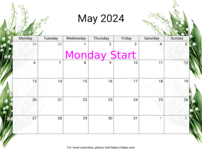 Printable Lily of the Valley May 2024 Calendar (Monday Start)