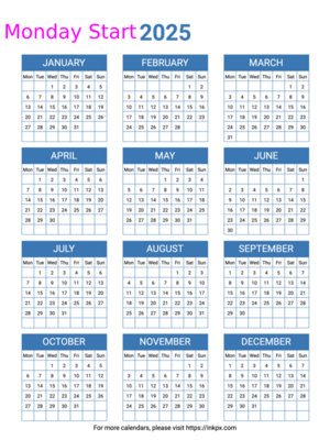 Free Printable Minimalist Color Table 2025 Yearly Calendar (Monday Start)