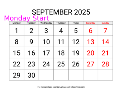 Free Printable Large Weekend Highlighted September 2025 Calendar (Monday Start)