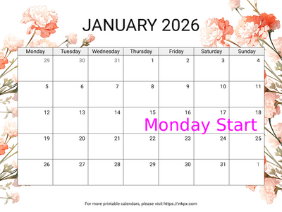 Free Printable Carnation January 2026 Calendar (Monday Start)