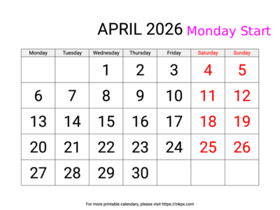 Free Printable Large Weekend Highlighted April 2026 Calendar (Monday Start)