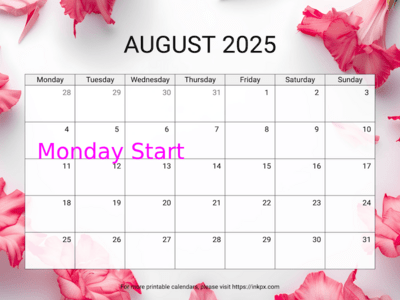 Free Printable Gladiolus Background August 2025 Calendar (Monday Start)