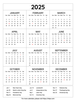 Free Printable Minimalist Table 2025 Yearly Calendar with Highlighted US Holiday