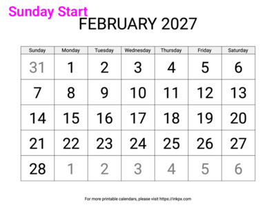 Free Printable Large February 2027 Calendar (Sunday Start)