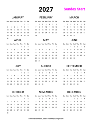 Free Printable Minimalist 2027 Yearly Calendar (Sunday Start)