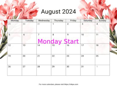 Printable Gladiolus August 2024 Calendar (Monday Start)