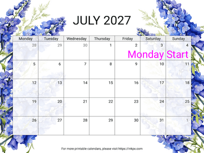 Free Printable Delphinium July 2027 Calendar (Monday Start)