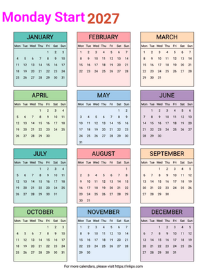 Free Printable Colorful Table 2027 Yearly Calendar (Monday Start)