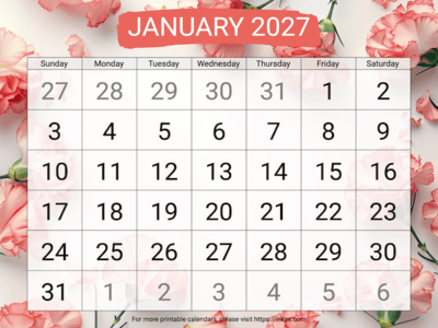 Free Printable Carnation Background Large January 2027 Calendar (Sunday Start)