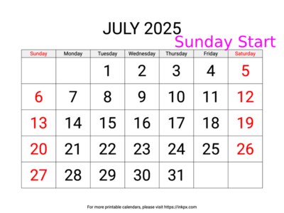 Free Printable Large Weekend Highlighted July 2025 Calendar (Sunday Start)