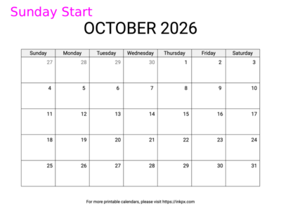 Free Printable Simple October 2026 Calendar (Sunday Start)