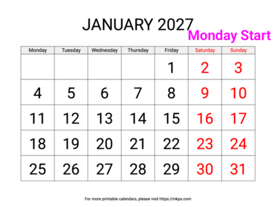 Free Printable Large Weekend Highlighted January 2027 Calendar (Monday Start)