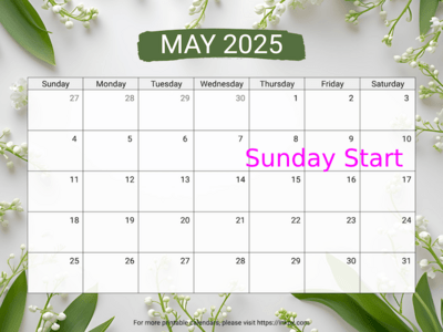 Free Printable Lily of the Valley Background May 2025 Calendar (Sunday Start)