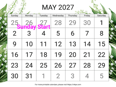Free Printable Large Font Lily of the Valley May 2027 Calendar (Sunday Start)