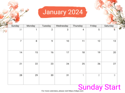 Printable Carnation January 2024 Calendar (Sunday Start)