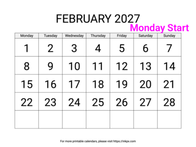 Free Printable Large February 2027 Calendar (Monday Start)