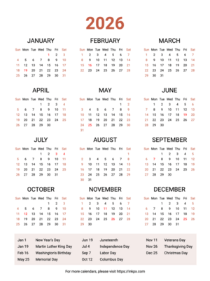 Free Printable Weekend Highlighted 2026 Calendar with Highlighted US Holiday